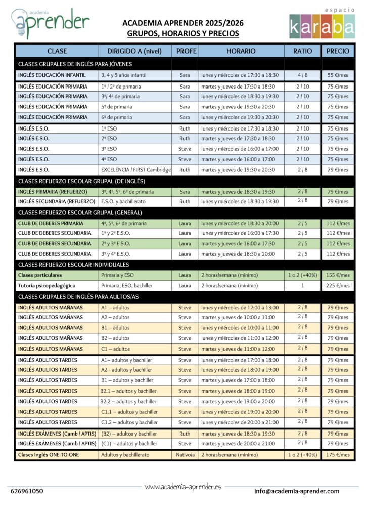 Horarios clases curso 2025-2026 - Academia Aprender